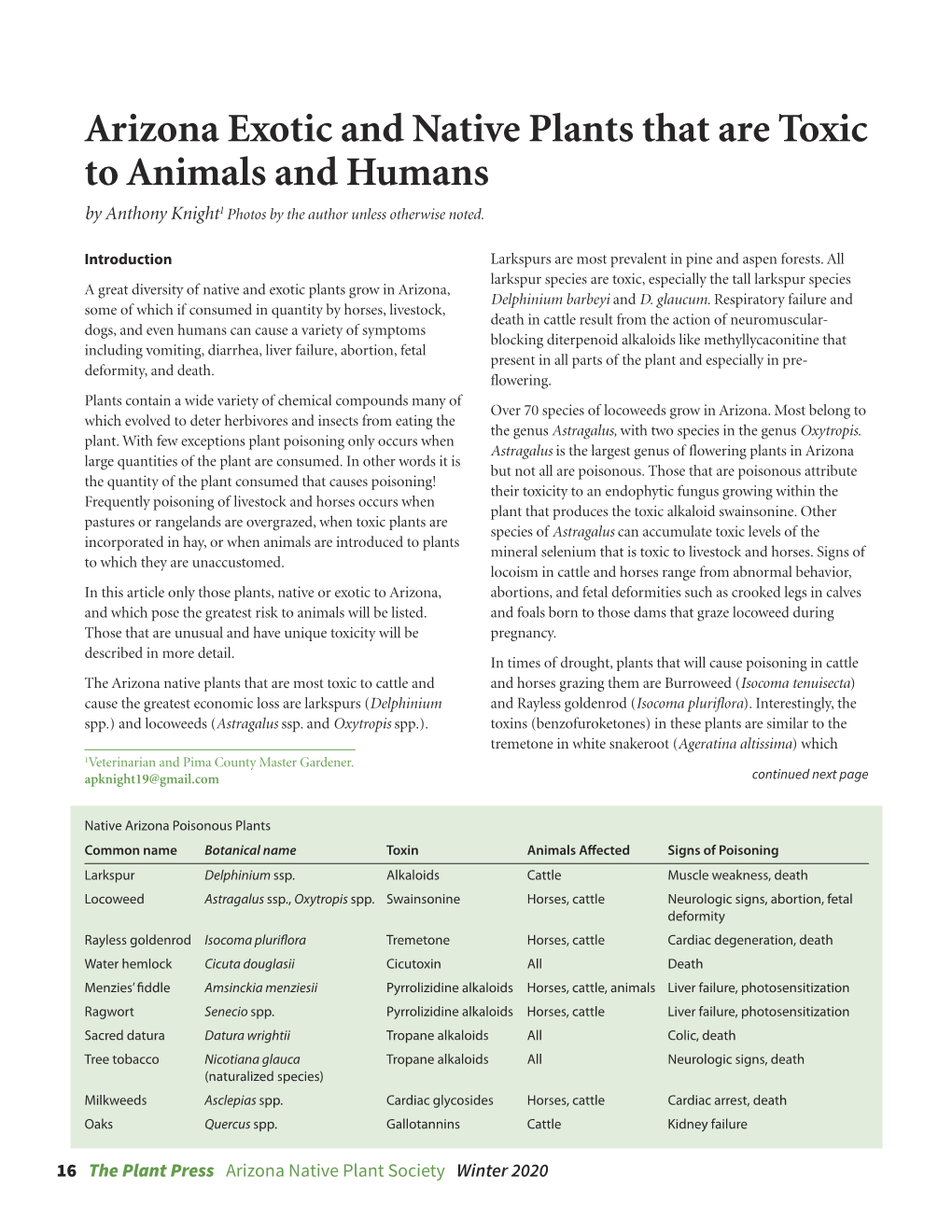 Arizona Exotic and Native Plants That Are Toxic to Animals and Humans by Anthony Knight1 Photos by the Author Unless Otherwise Noted