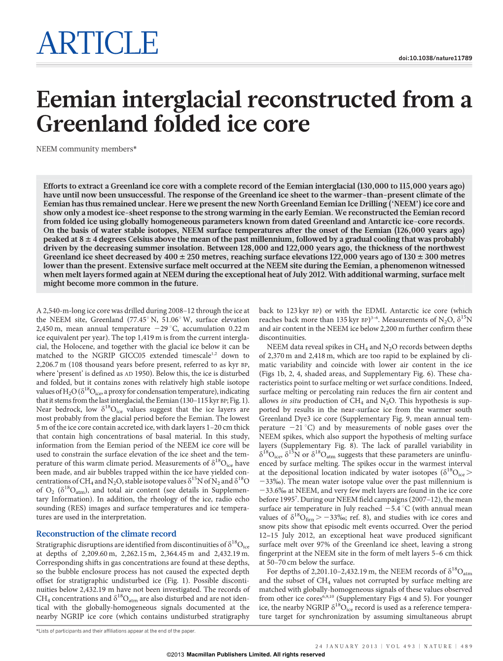 Eemian Interglacial Reconstructed from a Greenland Folded Ice Core