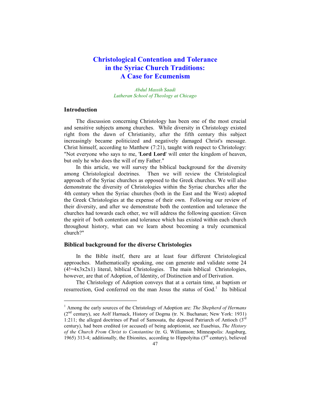 Christological Contention and Tolerance in the Syriac Church Traditions: a Case for Ecumenism