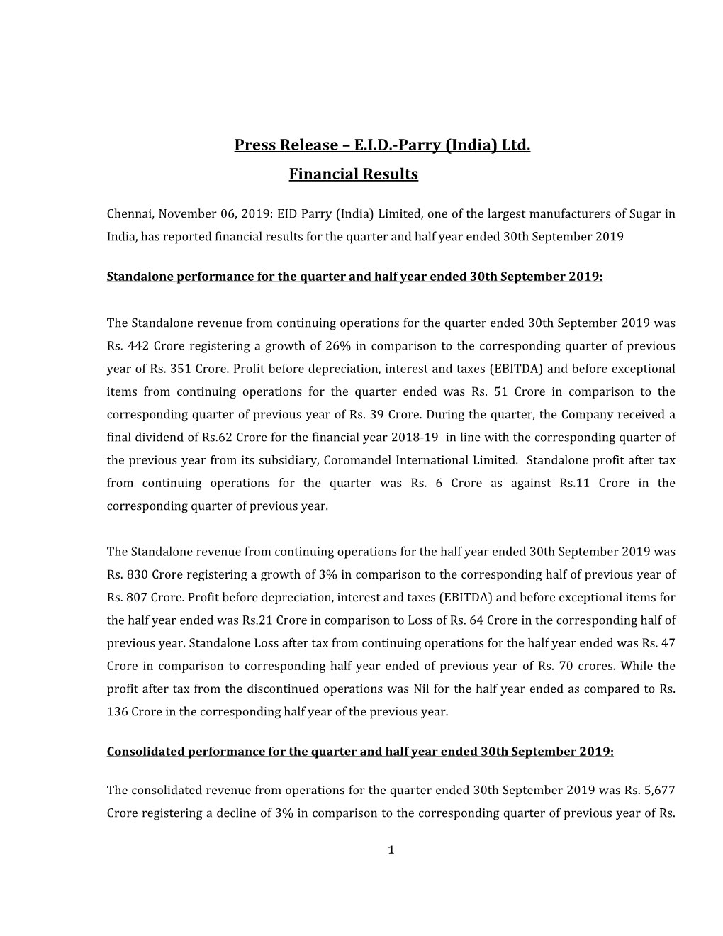 Press Release – EID-Parry (India) Ltd. Financial Results