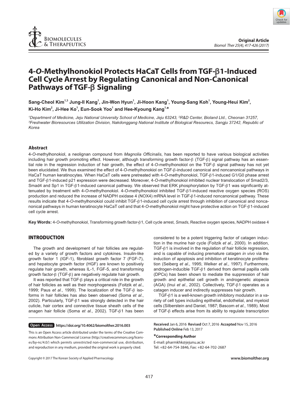 4-O-Methylhonokiol Protects Hacat Cells from TGF-Β1-Induced Cell Cycle Arrest by Regulating Canonical and Non-Canonical Pathways of TGF-Β Signaling