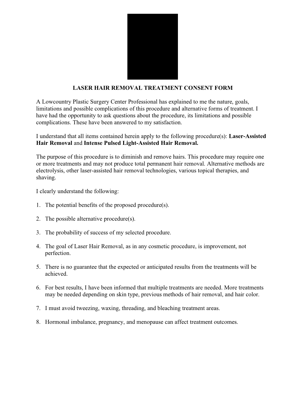 Laser Hair Removal Treatment Consent Form
