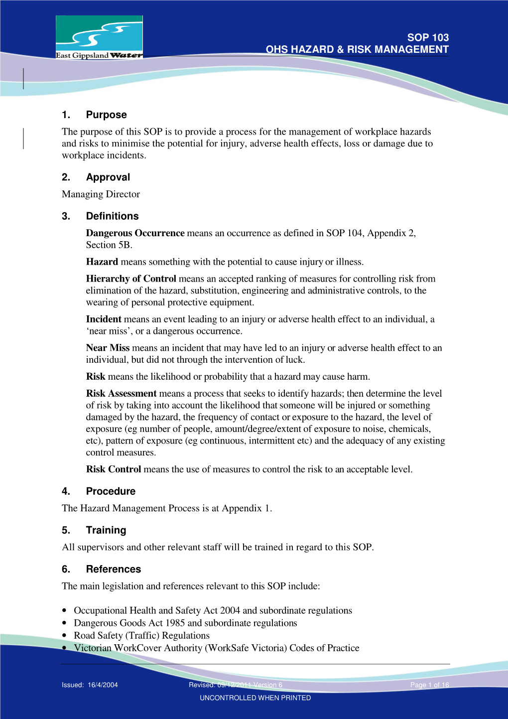 SOP 103 – OHS Hazard and Risk Management