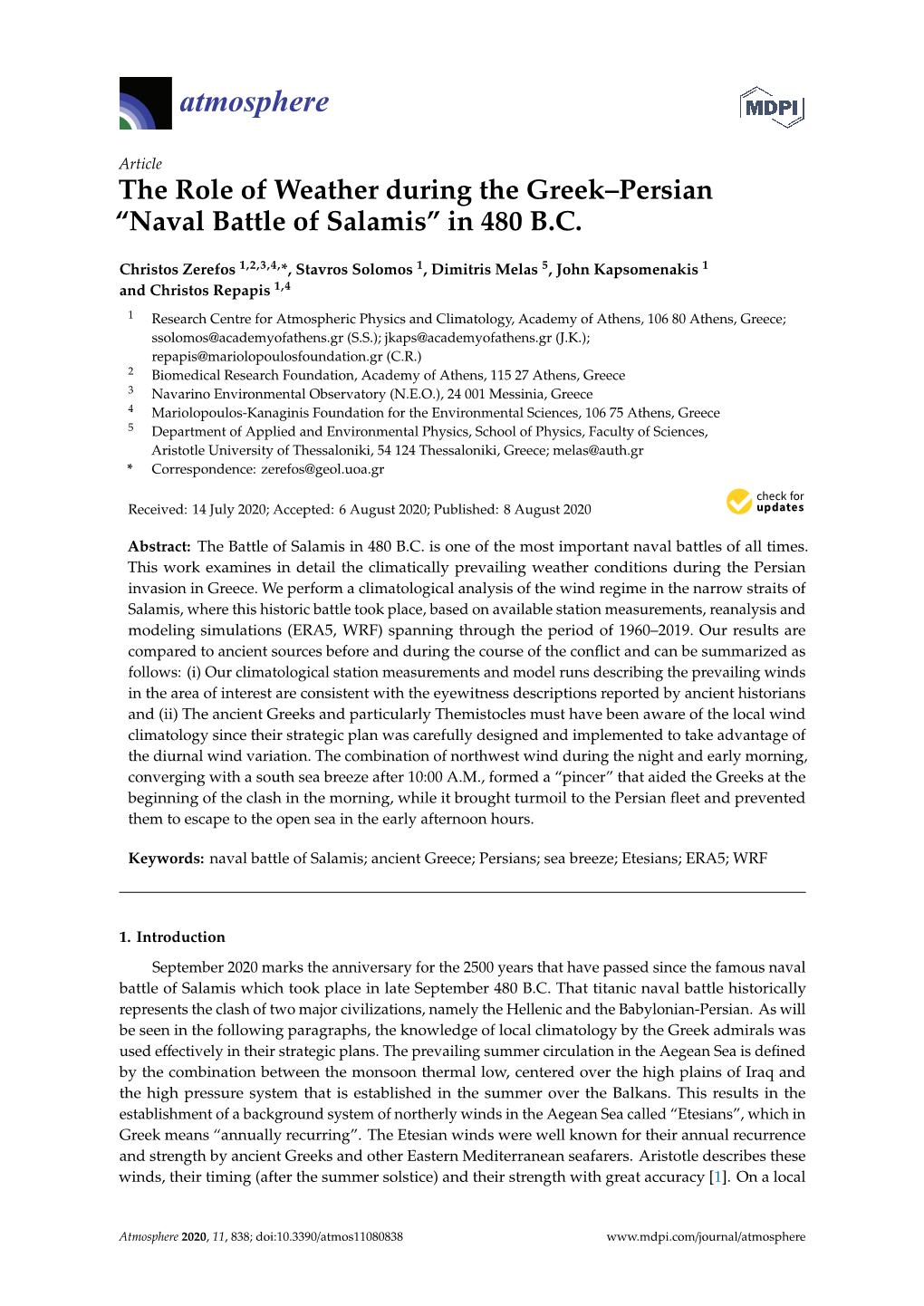 The Role of Weather During the Greek–Persian “Naval Battle of Salamis” in 480 B.C