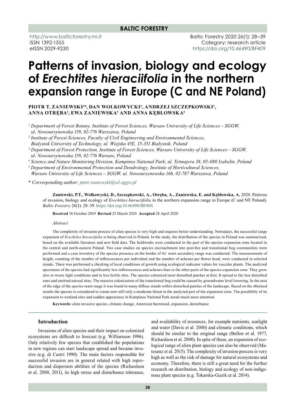 Patterns of Invasion, Biology and Ecology of Erechtites Hieraciifolia in the Northern Expansion Range in Europe (C and NE Poland)