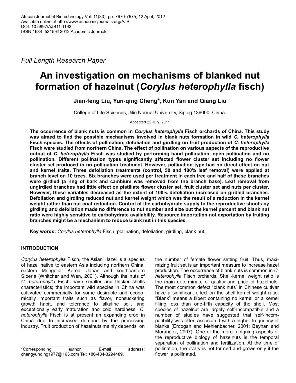 An Investigation on Mechanisms of Blanked Nut Formation of Hazelnut (Corylus Heterophylla Fisch)