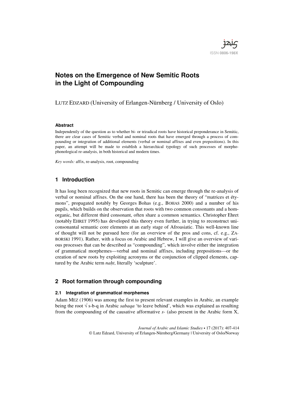 Notes on the Emergence of New Semitic Roots in the Light of Compounding