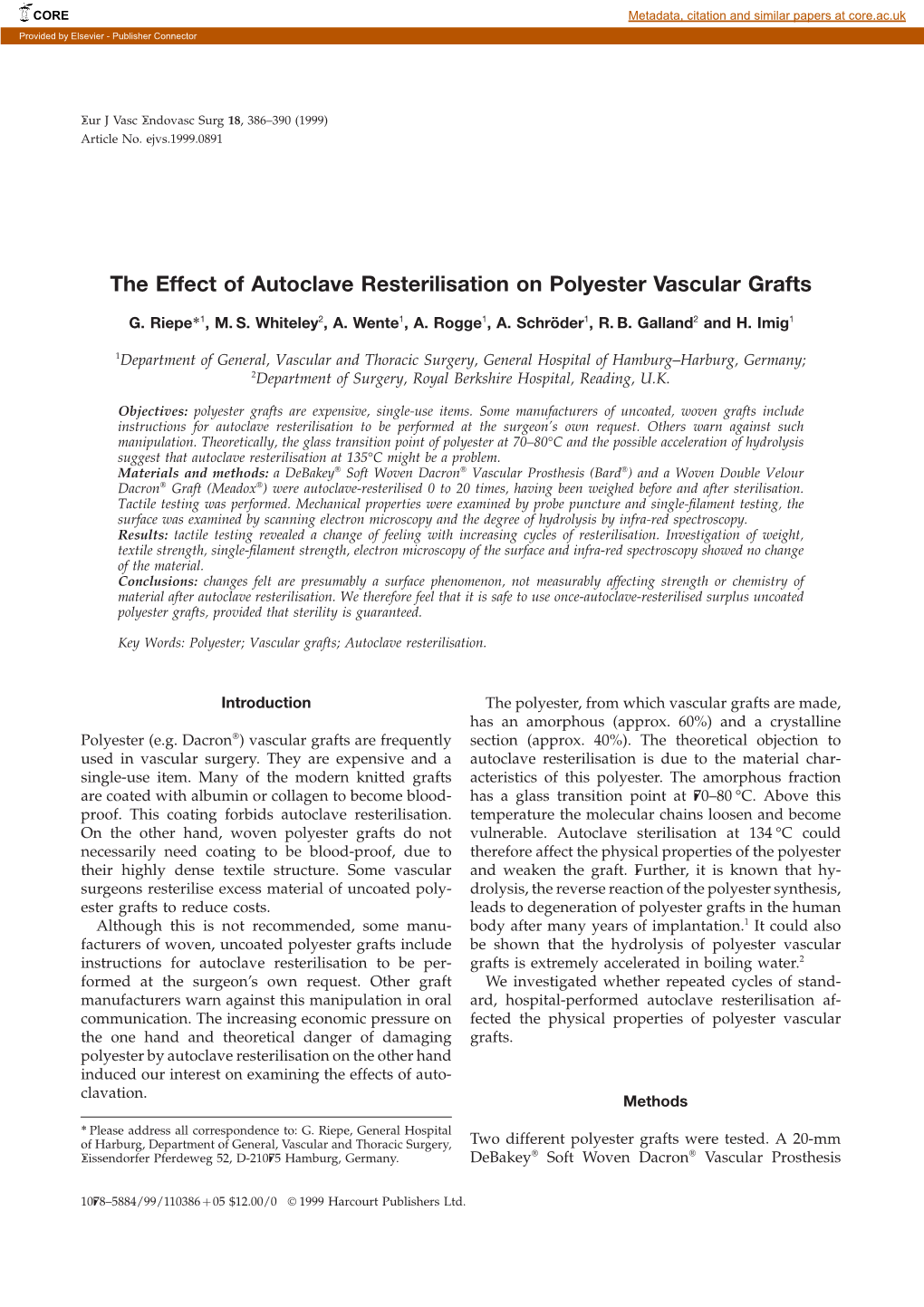 The Effect of Autoclave Resterilisation on Polyester Vascular Grafts