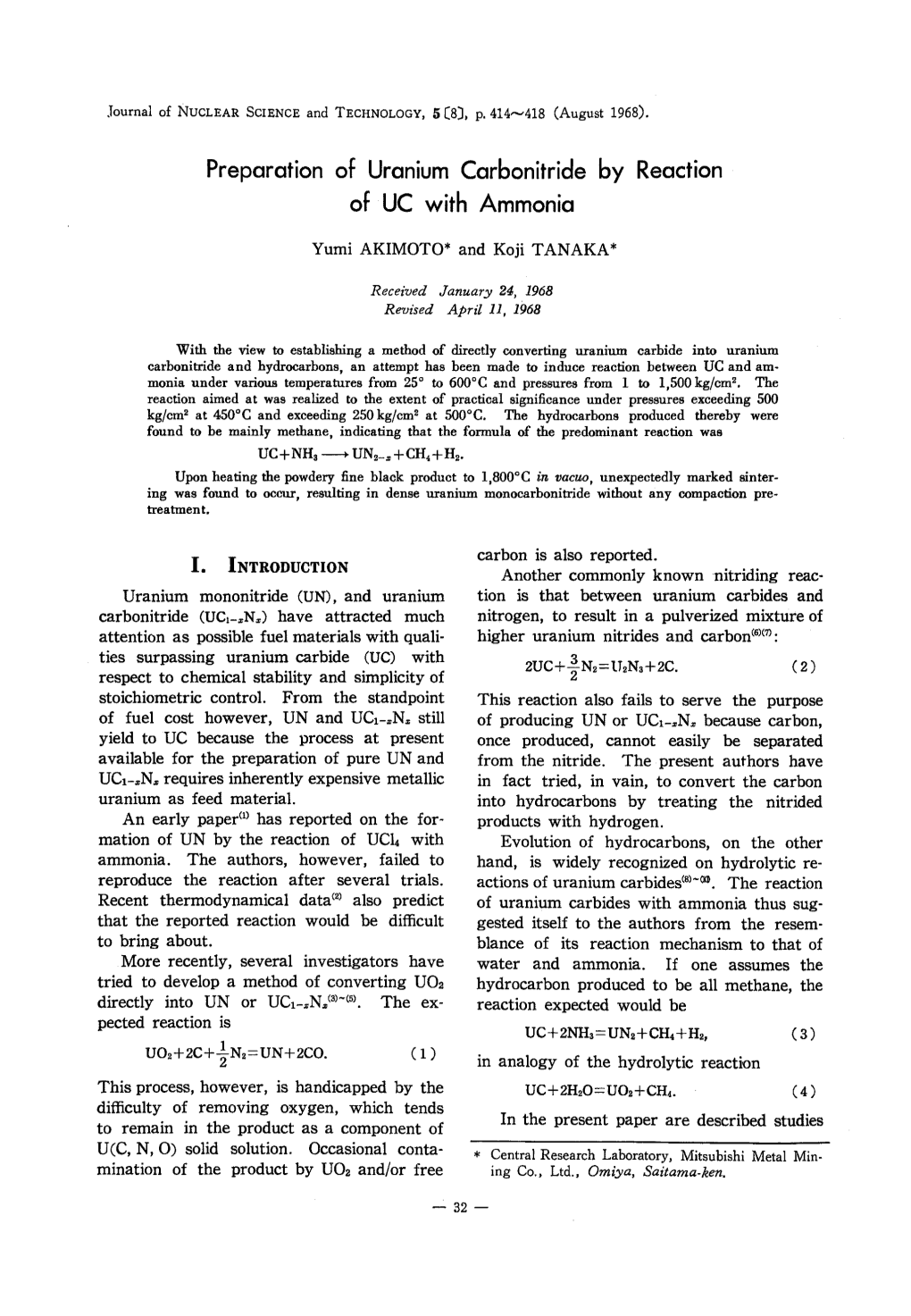 Preparation of Uranium Carbonitride by Reaction of UC with Ammonia