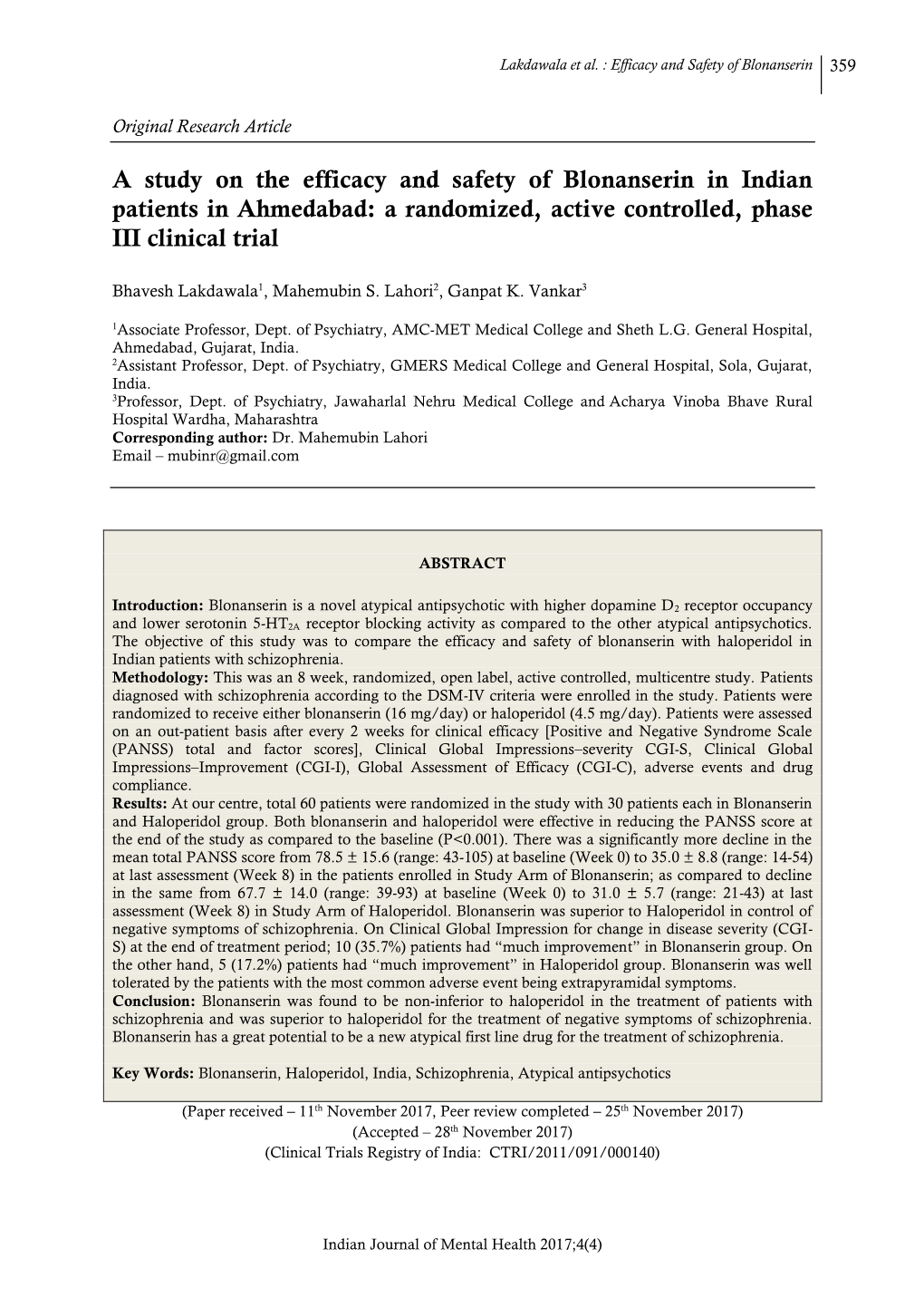 A Study on the Efficacy and Safety of Blonanserin in Indian Patients in Ahmedabad: a Randomized, Active Controlled, Phase III Clinical Trial