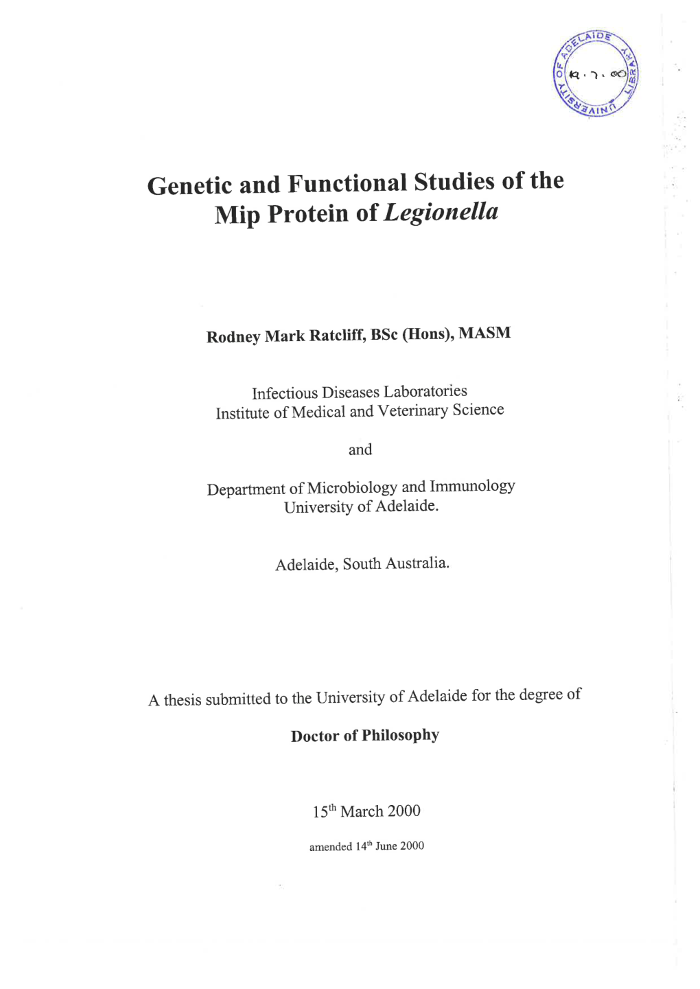 Genetic and Functional Studies of the Mip Protein of Legionella