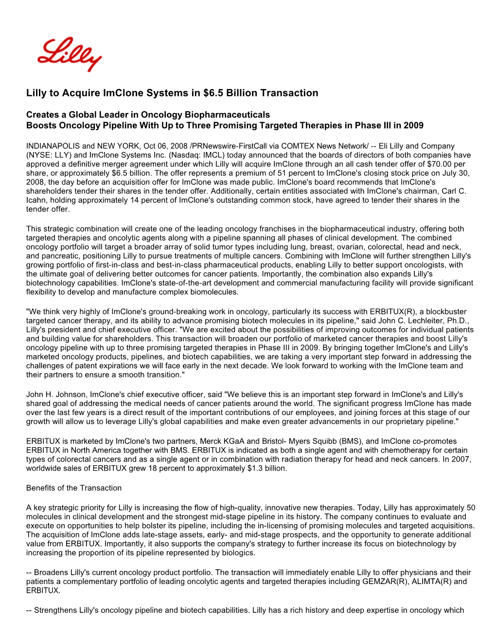 Lilly to Acquire Imclone Systems in $6.5 Billion Transaction