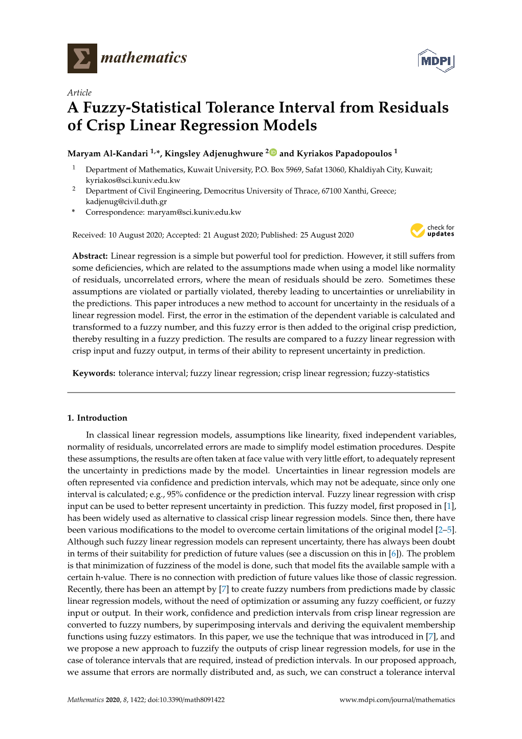 A Fuzzy-Statistical Tolerance Interval from Residuals of Crisp Linear Regression Models