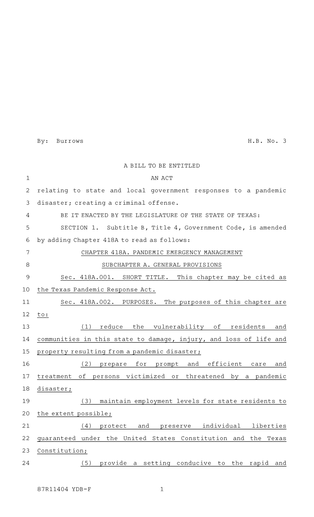 (HB 3) the “Texas Pandemic Response Act”