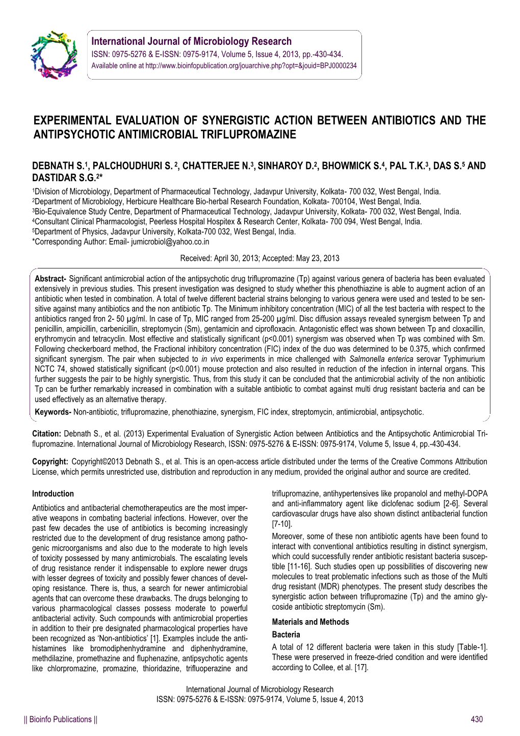 Experimental Evaluation of Synergistic Action Between Antibiotics and the Antipsychotic Antimicrobial Tri-Flupromazine
