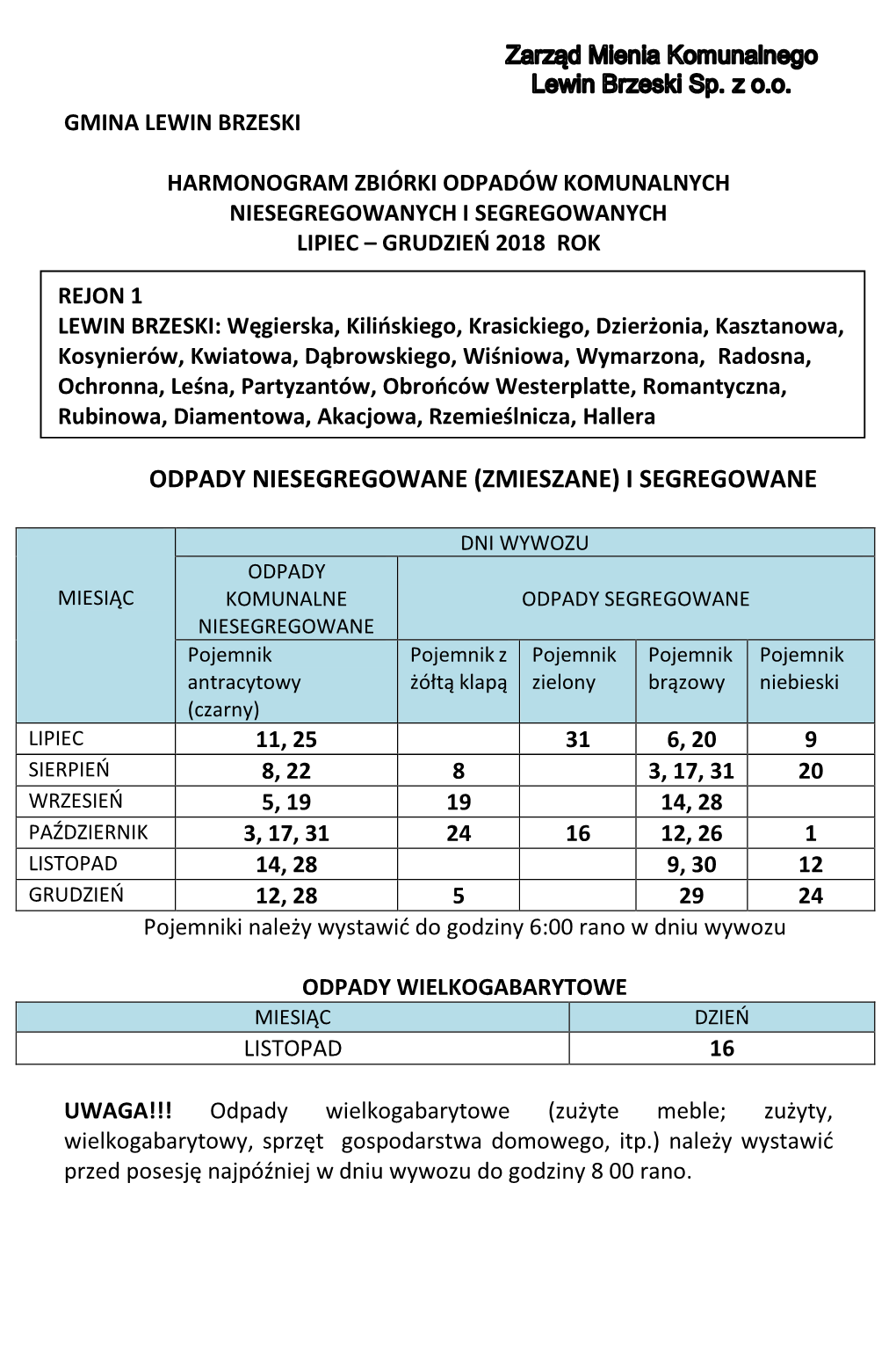 Harmonogram Wywozu Odpadów Komunalnych 2018