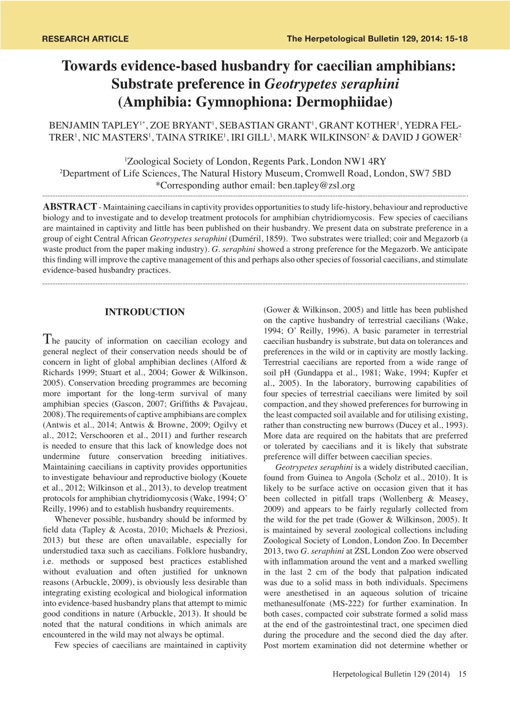 Towards Evidence-Based Husbandry for Caecilian Amphibians: Substrate Preference in Geotrypetes Seraphini (Amphibia: Gymnophiona: Dermophiidae)