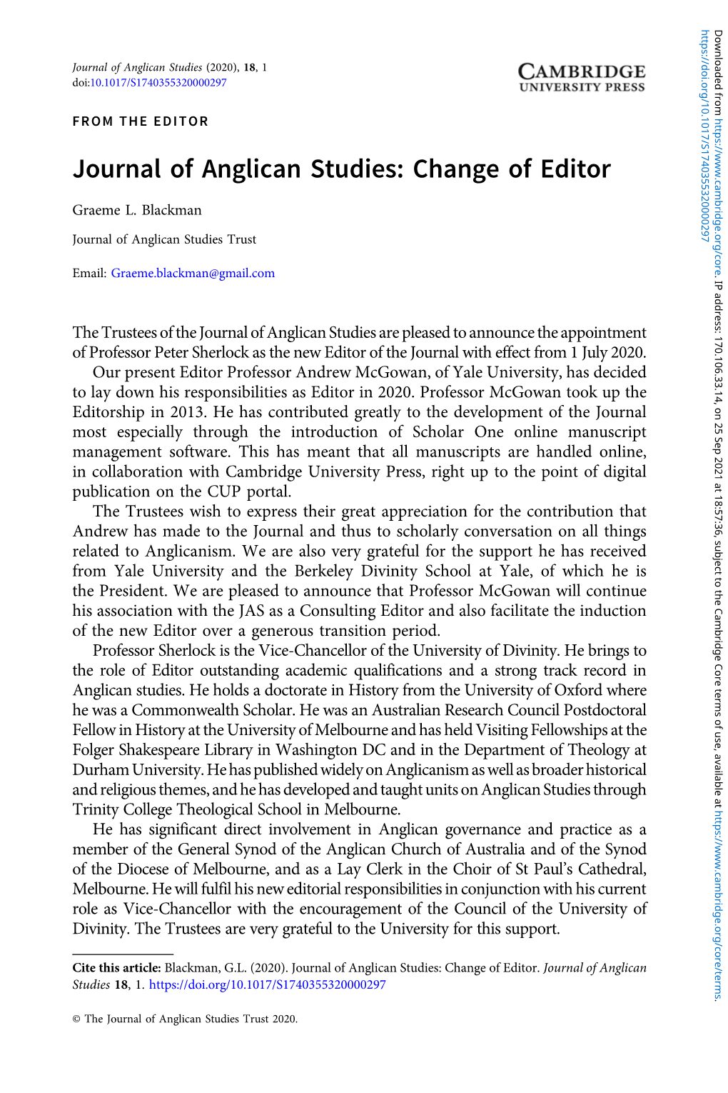 Journal of Anglican Studies (2020), 18,1 Doi:10.1017/S1740355320000297
