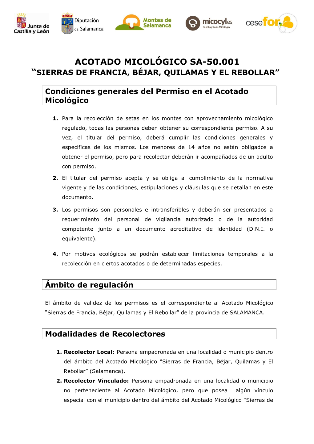 Acotado Micológico Sa-50.001 “Sierras De Francia, Béjar, Quilamas Y El Rebollar”