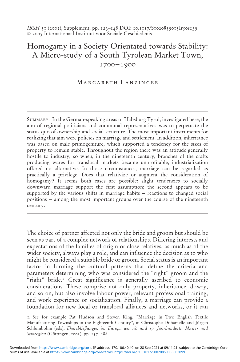 Homogamy in a Society Orientated Towards Stability: a Micro-Study of a South Tyrolean Market Town, 1700–1900
