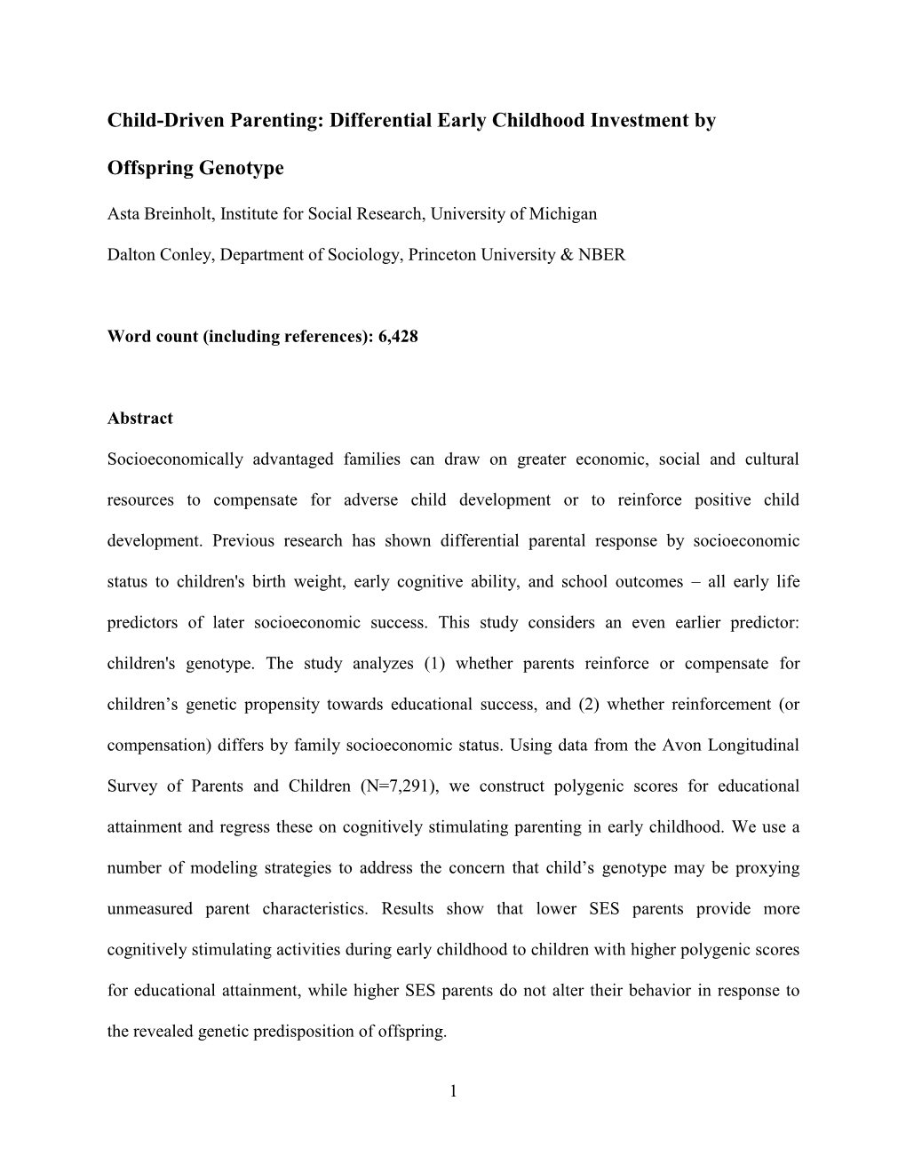Differential Early Childhood Investment by Offspring Genotype