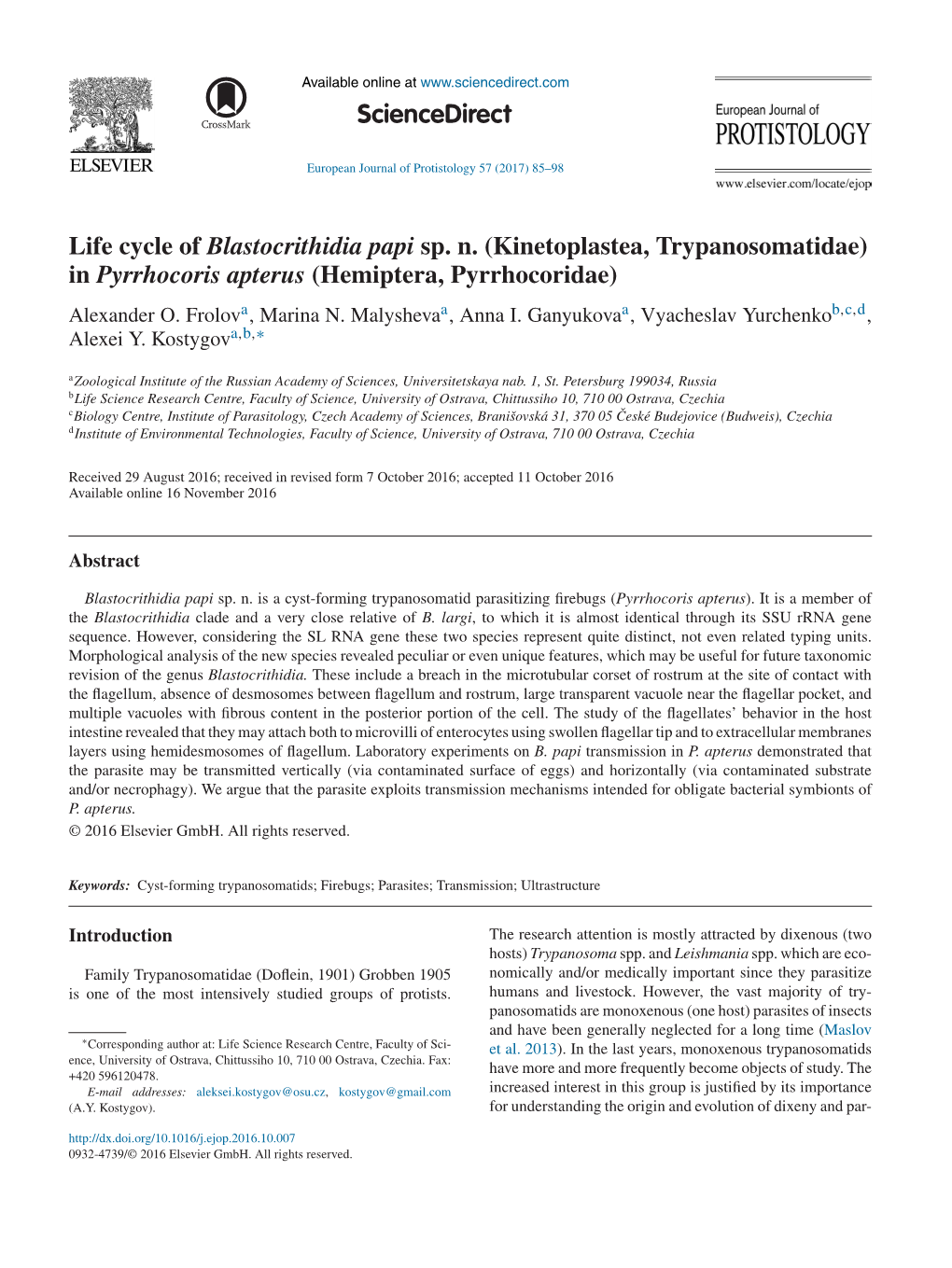 (Kinetoplastea, Trypanosomatidae) in Pyrrhocoris Apterus (Hemiptera, Pyrrhocoridae) Alexander O