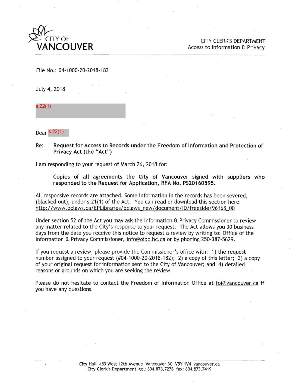 YOF CITY CLERK's DEPARTMENT VANCOUVER Access to Information Ft Privacy