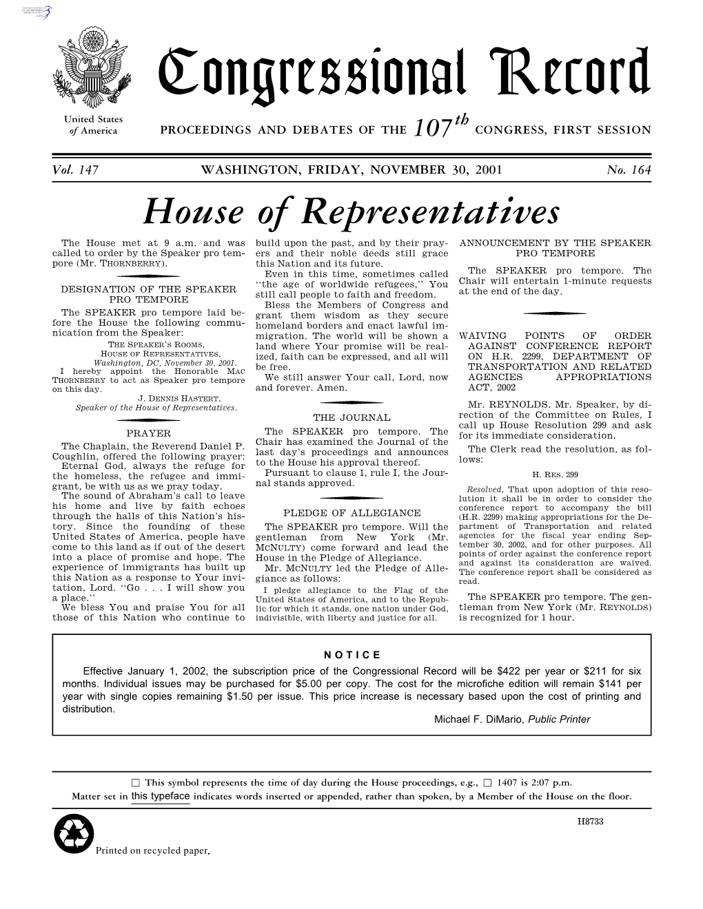 Congressional Record United States Th of America PROCEEDINGS and DEBATES of the 107 CONGRESS, FIRST SESSION