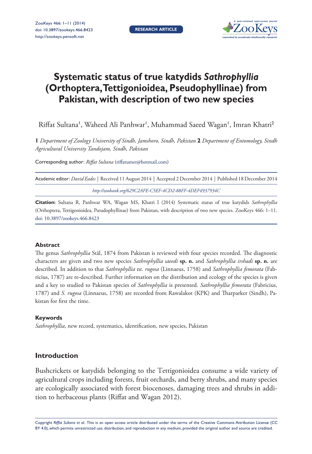 Systematic Status of True Katydids Sathrophyllia (Orthoptera, Tettigonioidea, Pseudophyllinae) from Pakistan, with Description of Two New Species