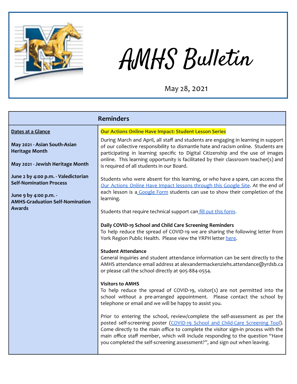 AMHS Parent Bulletin May 28, 2021