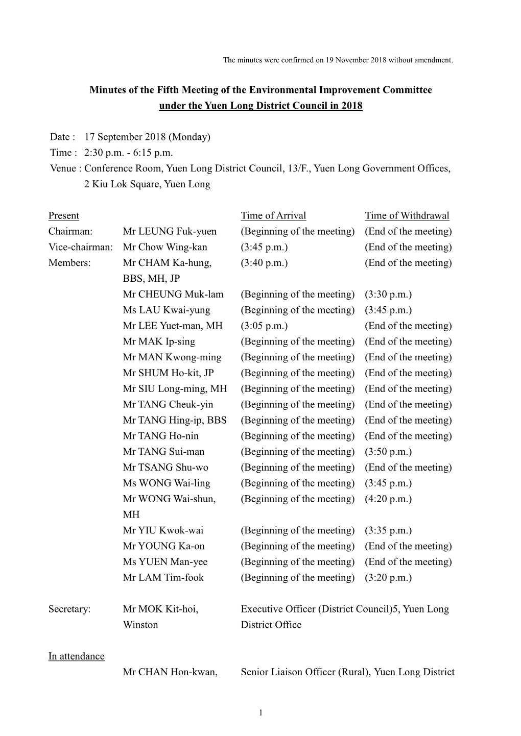 Minutes of the Fifth Meeting of the Environmental Improvement Committee Under the Yuen Long District Council in 2018 Date : 17