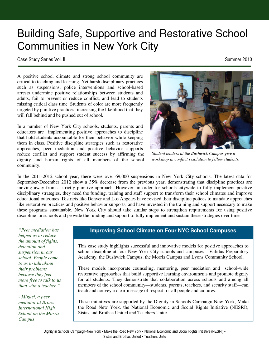 Building Safe, Supportive and Restorative School Communities in New York City Case Study Series Vol