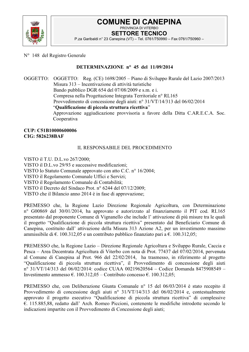 COMUNE DI CANEPINA PROVINCIA DI VITERBO SETTORE TECNICO P.Za Garibaldi N° 23 Canepina (VT) – Tel