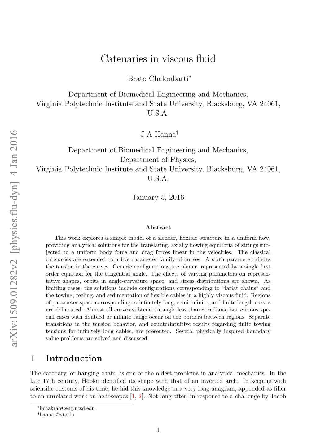 Catenaries in Viscous Fluid Arxiv:1509.01282V2 [Physics.Flu