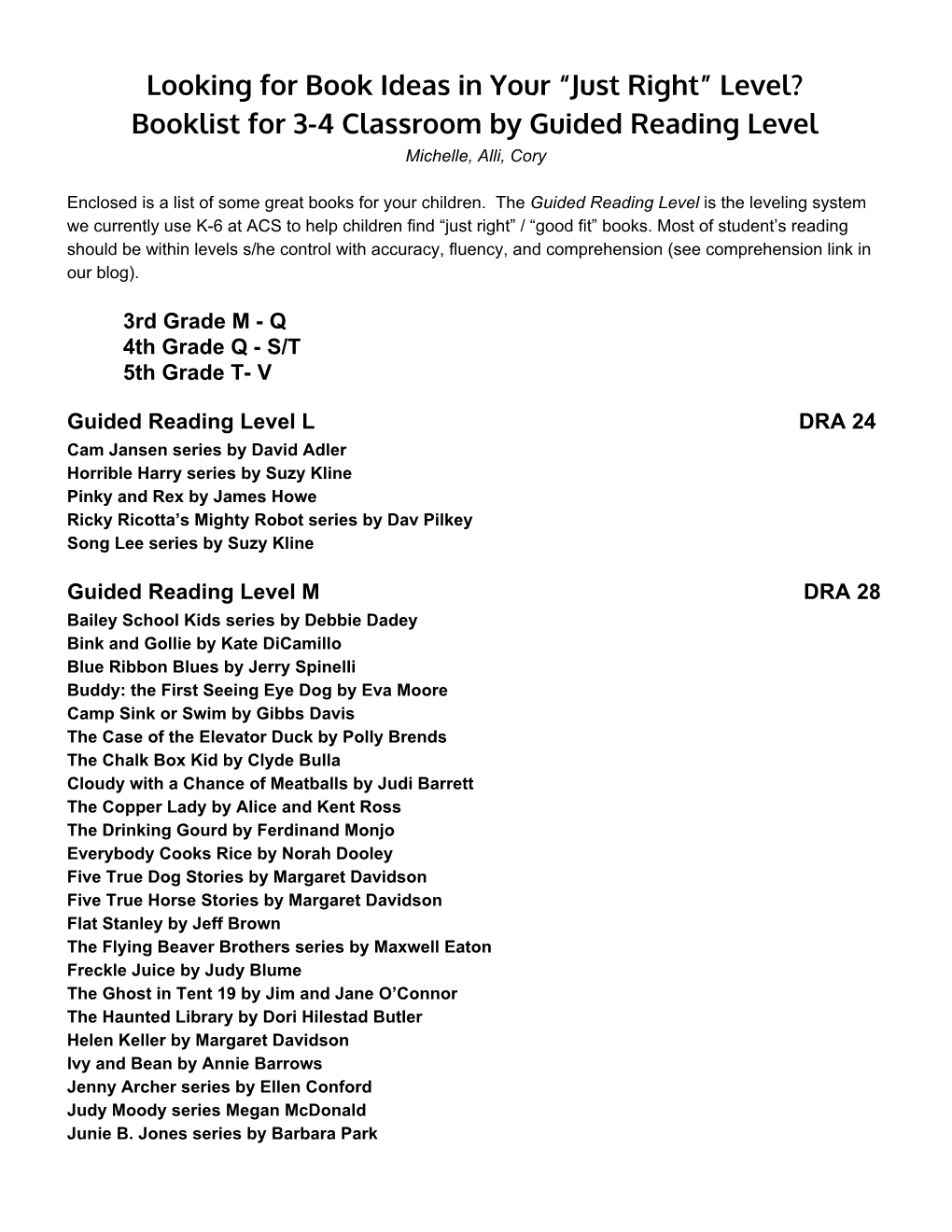 Leveled Book List for Home Reading