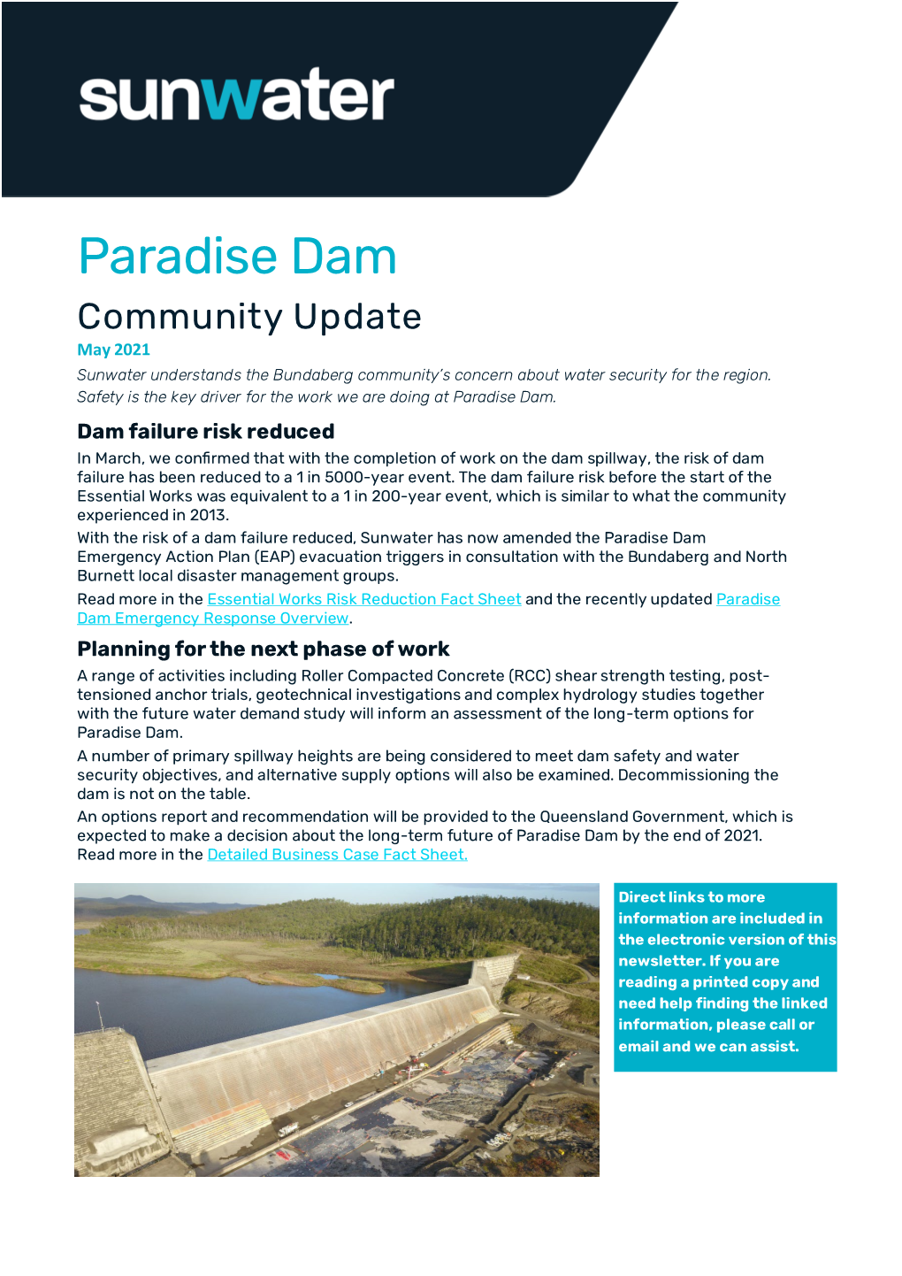 Paradise Dam Community Update May 2021 Sunwater Understands the Bundaberg Community’S Concern About Water Security for the Region