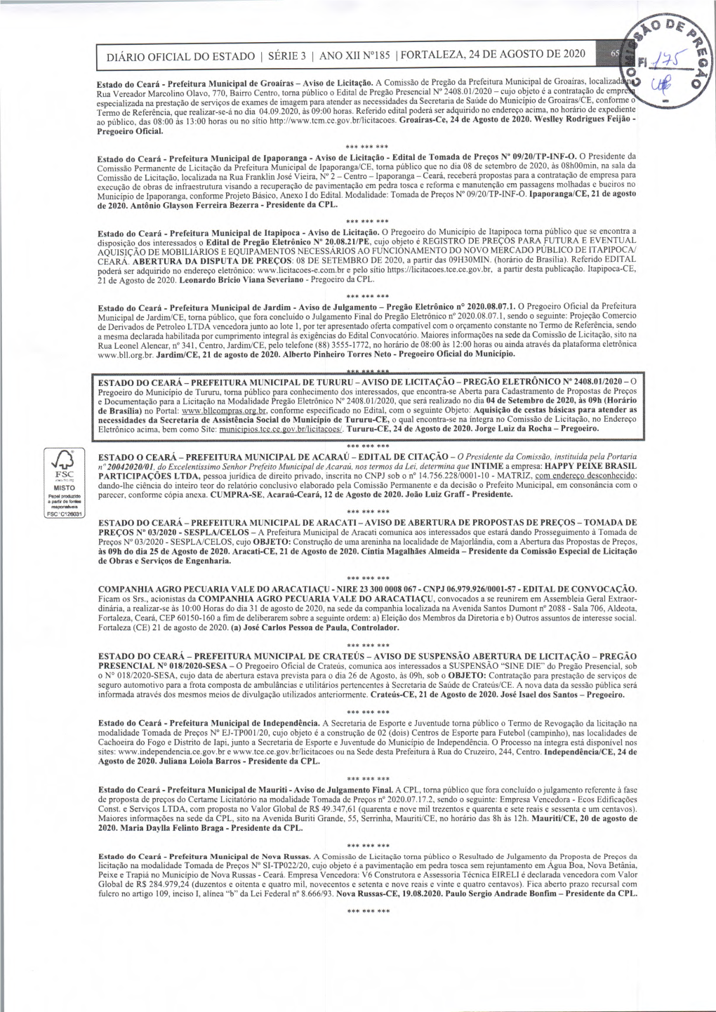 Diário Oficial Do Estado 1 Série 3 1 Ano Xii N°185 1 Fortaleza, 24 De Agosto De 2020