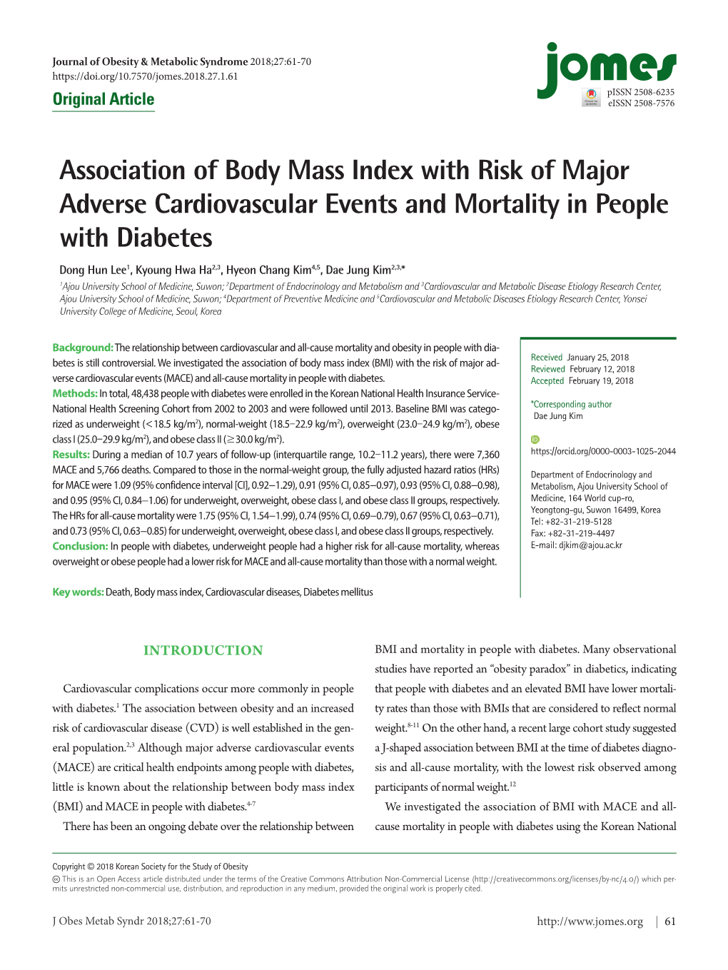 Association of Body Mass Index with Risk of Major Adverse