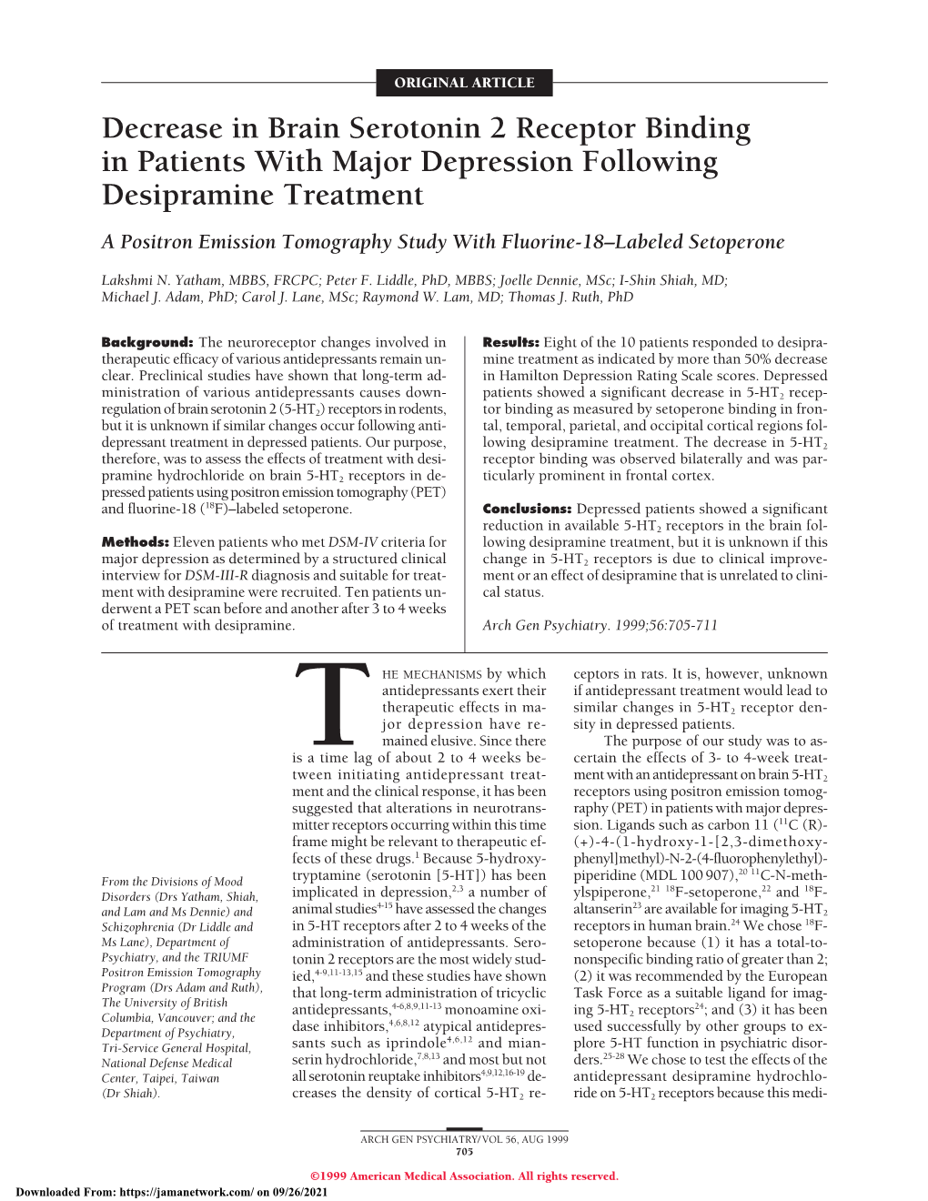 Decrease in Brain Serotonin 2 Receptor Binding In