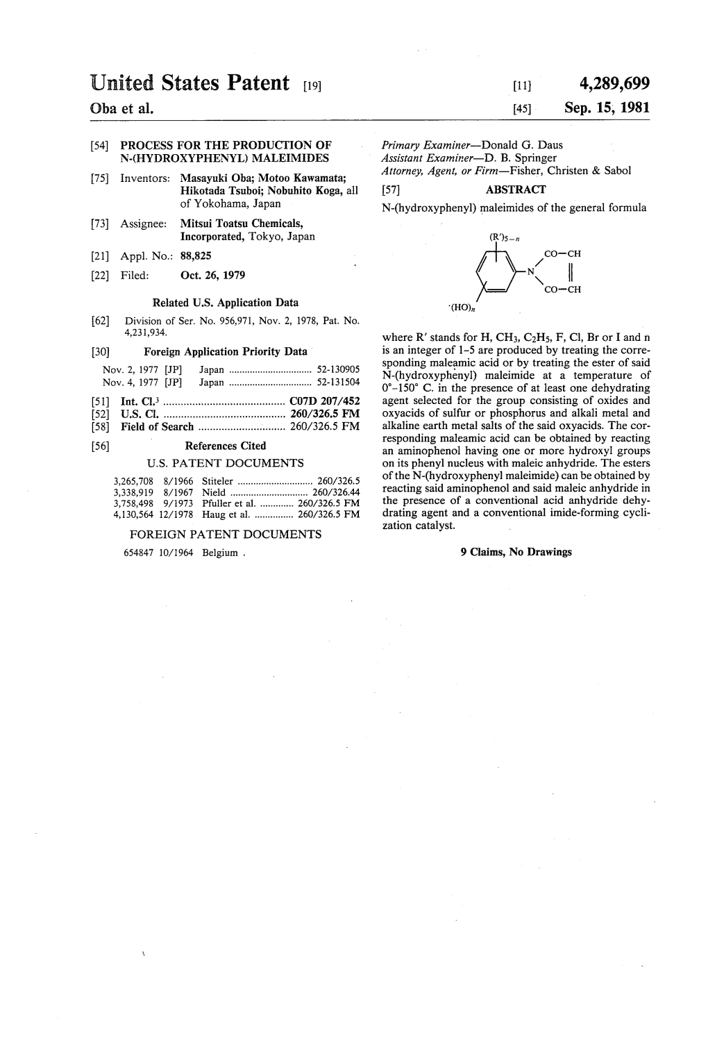 United States Patent 19 11 4,289,699 Oba Et Al