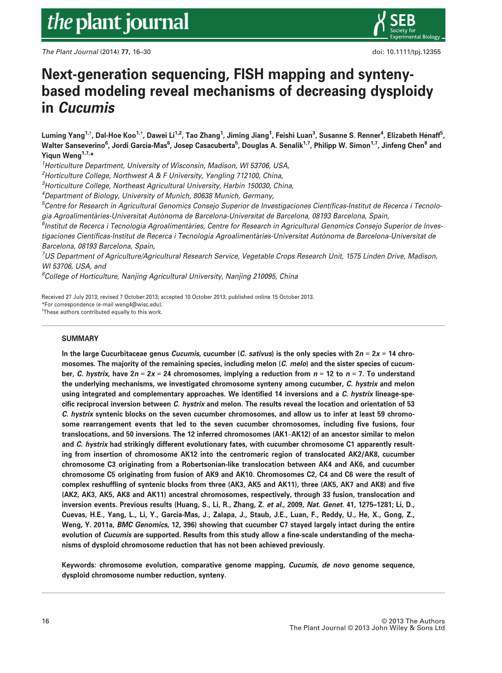 Next-Generation Sequencing, FISH Mapping and Synteny- Based Modeling Reveal Mechanisms of Decreasing Dysploidy in Cucumis