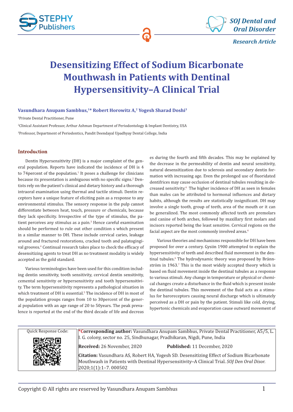 Desensitizing Effect of Sodium Bicarbonate Mouthwash in Patients with Dentinal Hypersensitivity–A Clinical Trial