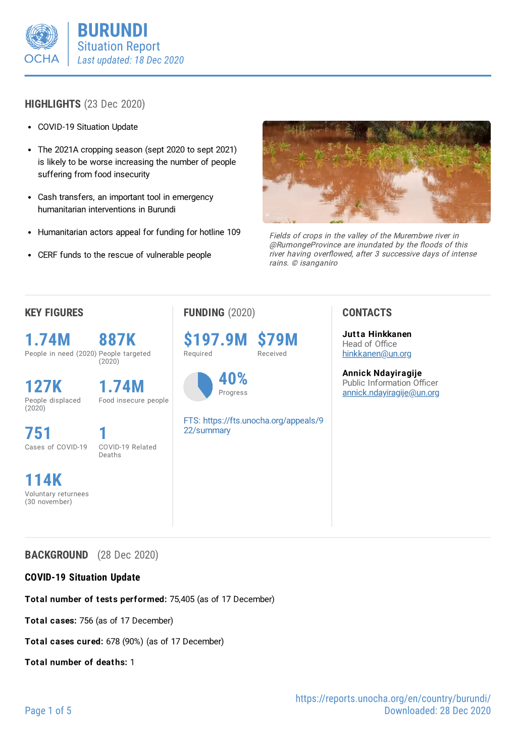 BURUNDI Situation Report Last Updated: 18 Dec 2020