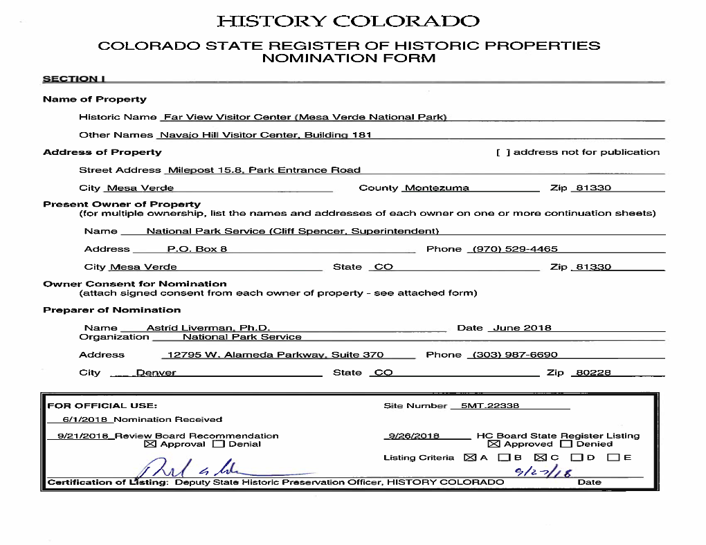 Far View Visitor Center State Register Nomination, 5MT.22338 (PDF)