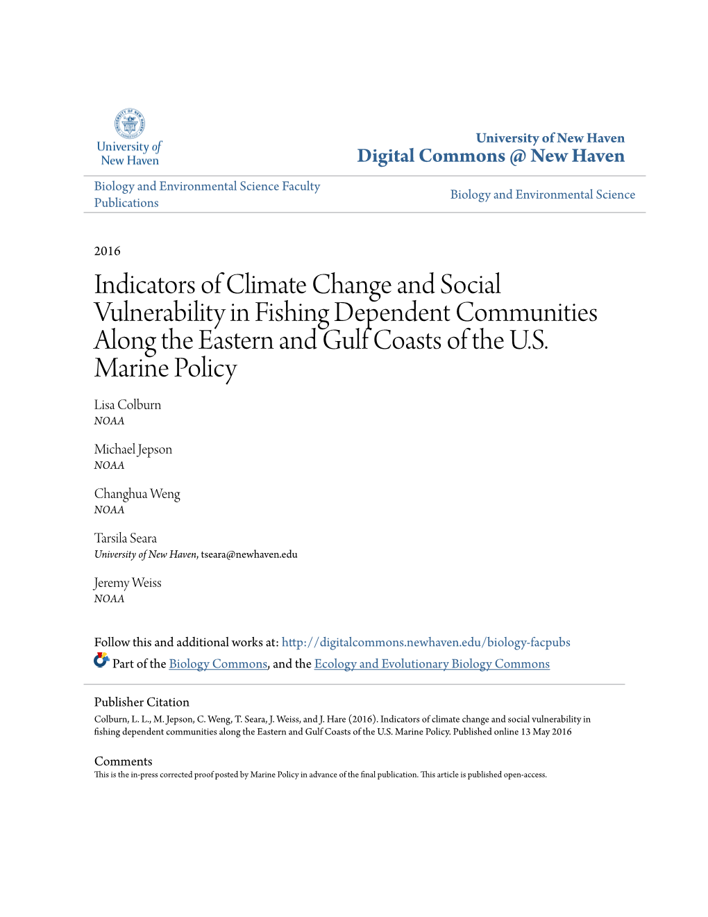 Indicators of Climate Change and Social Vulnerability in Fishing Dependent Communities Along the Eastern and Gulf Coasts of the U.S