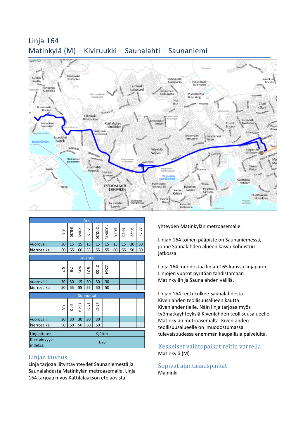 Linja 164 Matinkylä (M) – Kiviruukki – Saunalahti – Saunaniemi