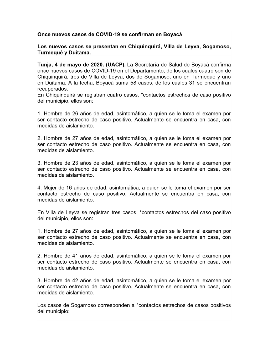 Once Nuevos Casos De COVID-19 Se Confirman En Boyacá Los Nuevos