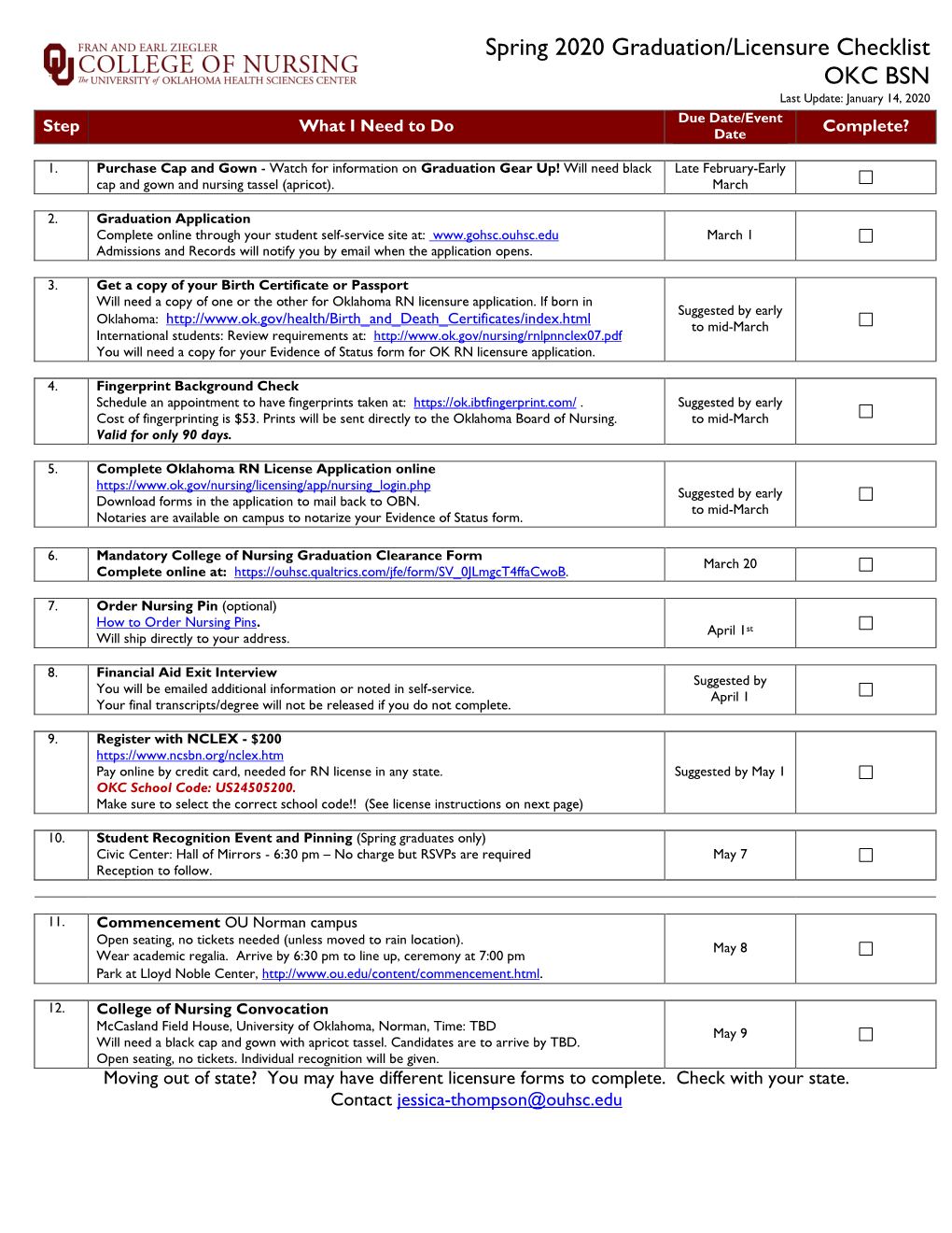 Spring 2020 Graduation/Licensure Checklist OKC BSN Last Update: January 14, 2020