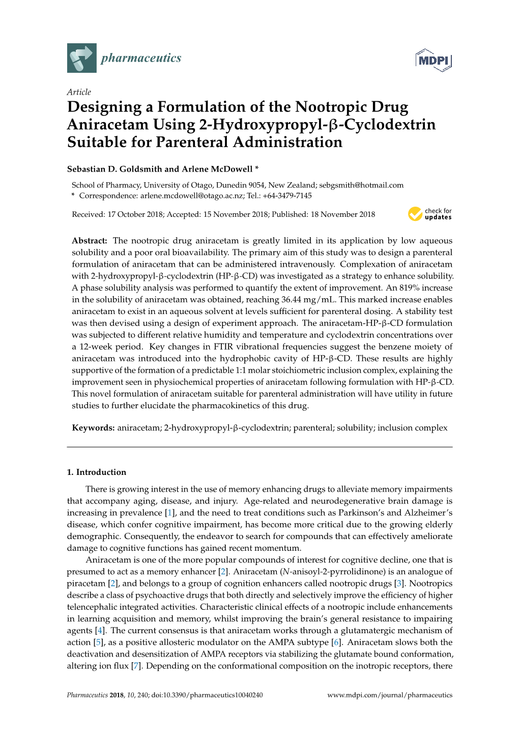 Designing a Formulation of the Nootropic Drug Aniracetam Using 2-Hydroxypropyl-Β-Cyclodextrin Suitable for Parenteral Administration