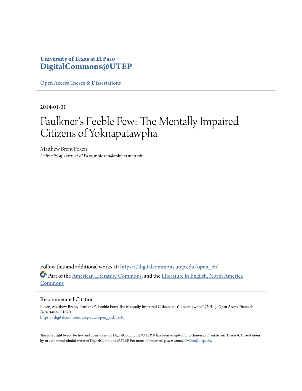 Faulkner's Feeble Few: the Mentally Impaired Citizens of Yoknapatawpha